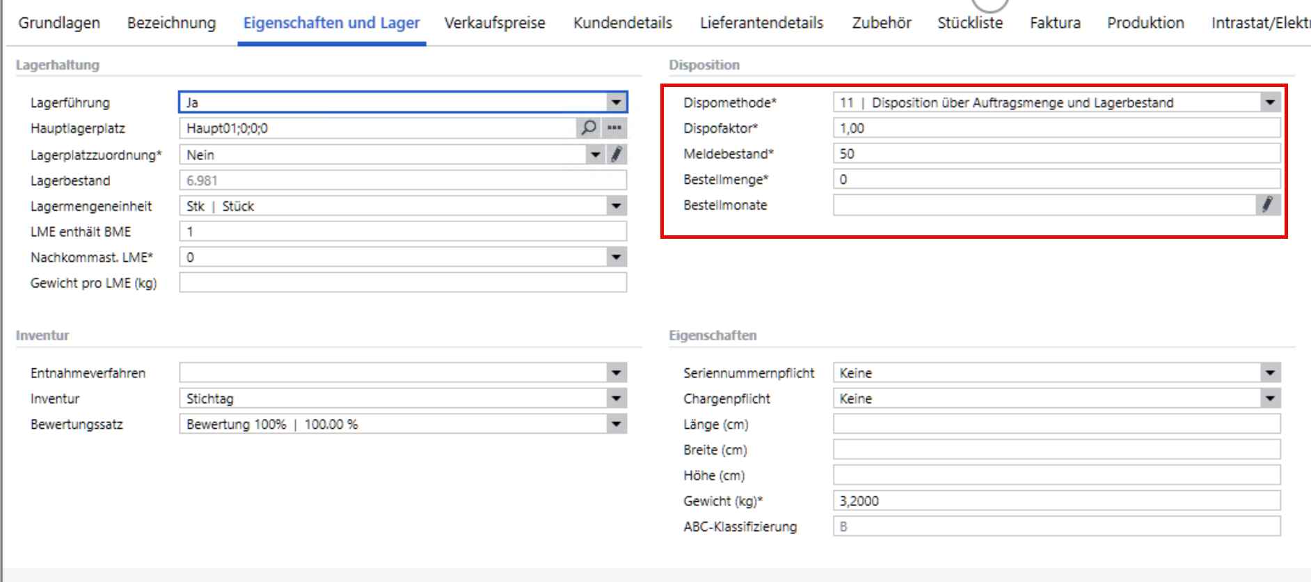 Dispositionsbereich der Stehleuchte im Register Eigenschaften und Lager mit Dispomethode 11, Dispofaktor 1,00 und Meldebestand 50