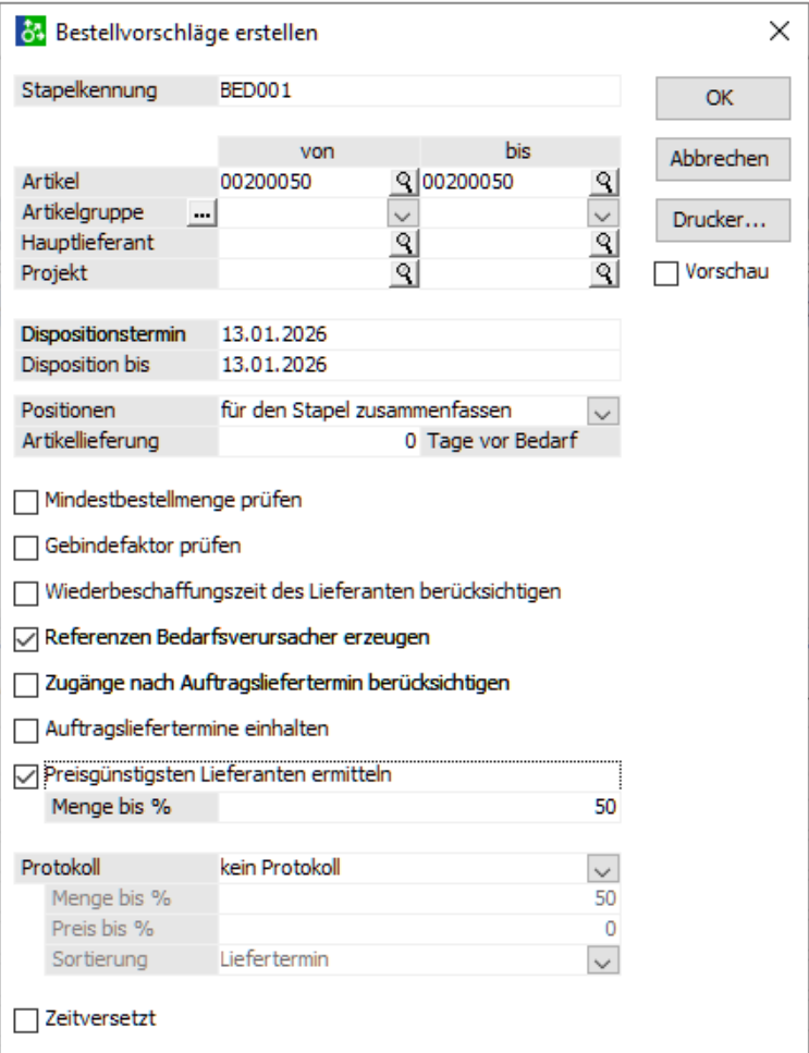 Dialog Bestellvorschläge erstellen mit Stapelkennung BED001, Eingrenzung auf Artikel 00200050, Dispositionstermin und Optionen