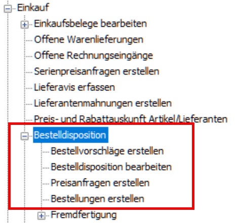 Hauptmenü der Sage 100 Warenwirtschaft mit dem Bereich Bestelldisposition unter Einkauf