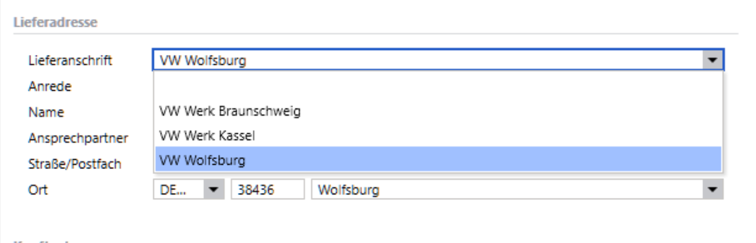 Bereich Lieferadresse in der Belegerfassung mit aufgeklappter Auswahl der Lieferanschriften Werk Braunschweig, Werk Kassel und Wolfsburg
