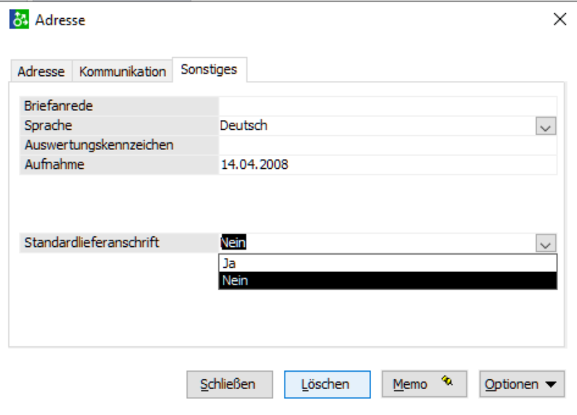 Adressdialog der Lieferadresse mit Register Sonstiges und der Auswahl Ja oder Nein bei Standardlieferanschrift