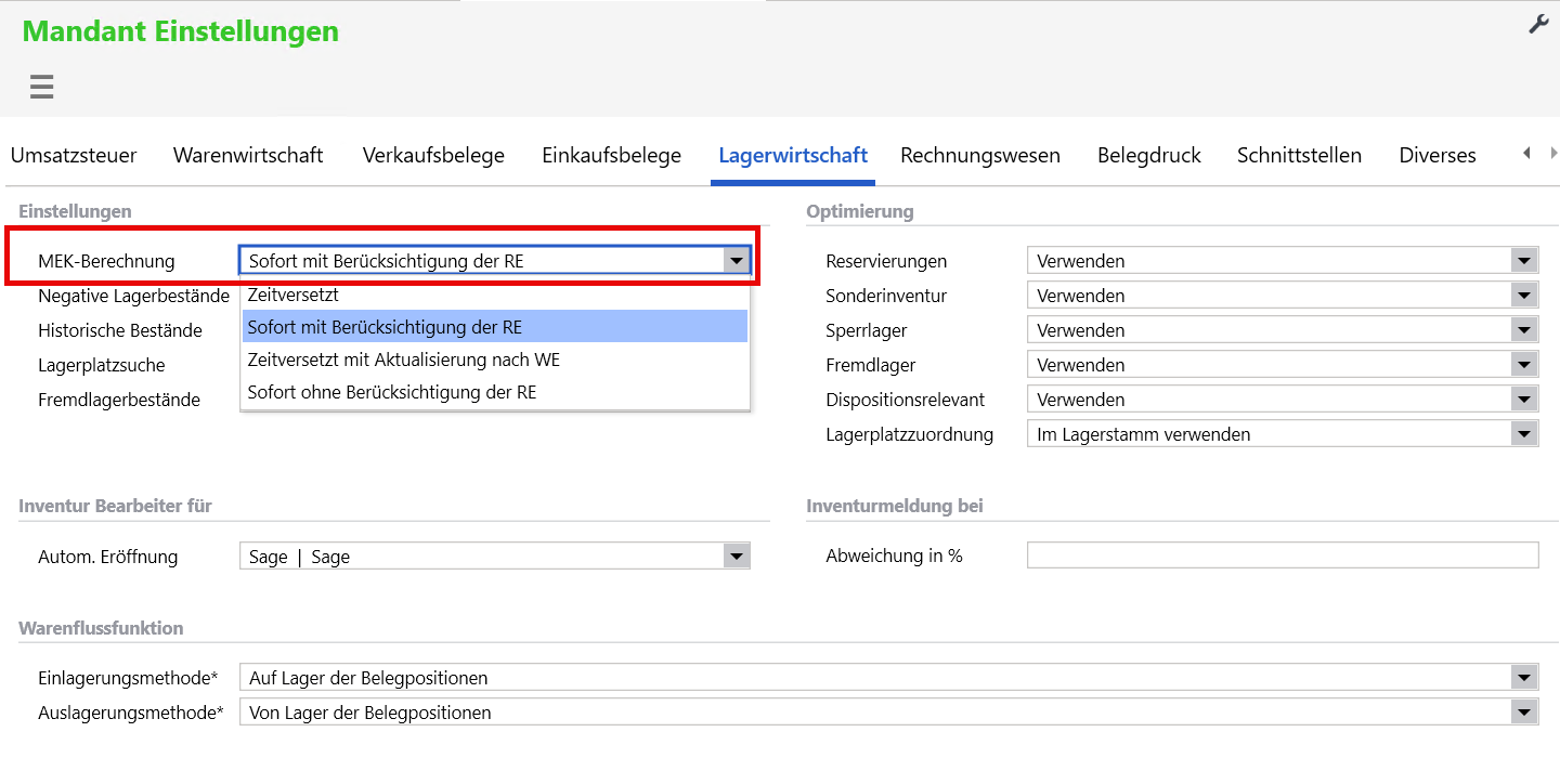 Mandanteneinstellungen der Sage 100, Register Lagerwirtschaft, mit aufgeklapptem Feld MEK-Berechnung und den vier Auswahlmöglichkeiten
