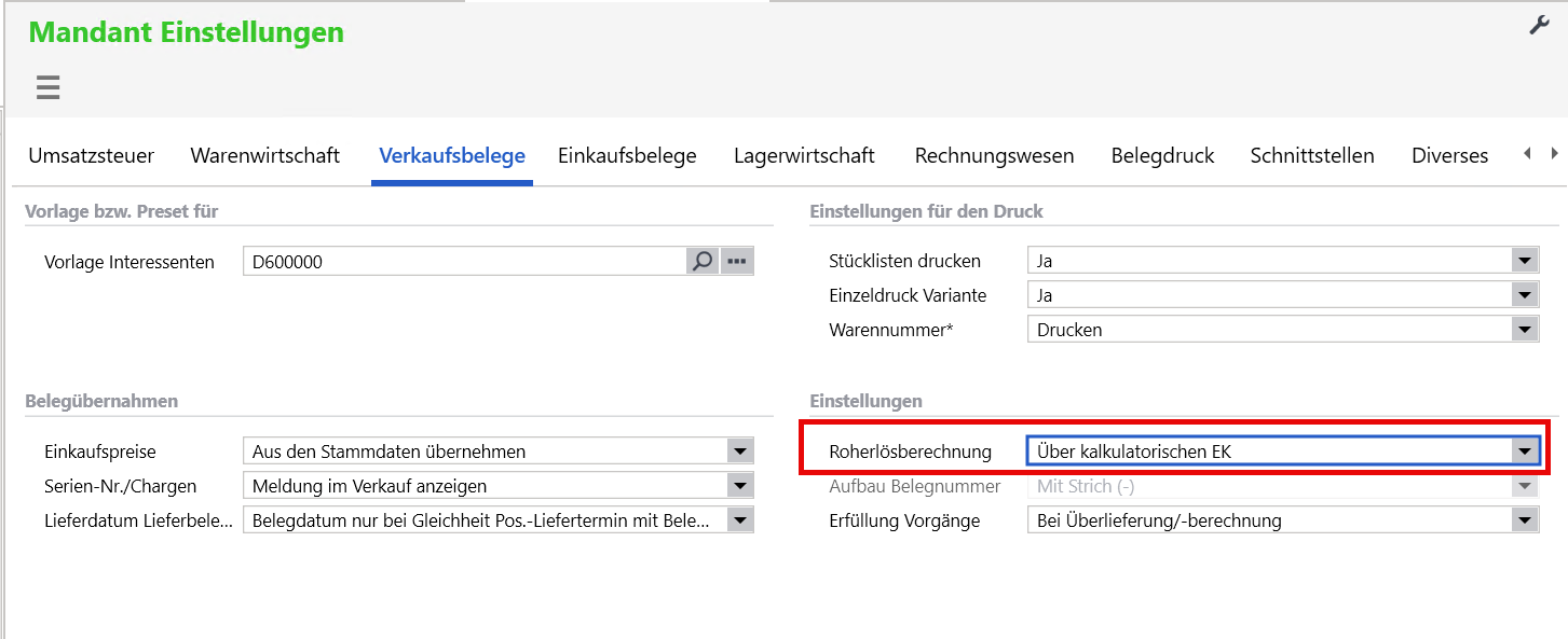 Mandanteneinstellungen der Sage 100, Register Verkaufsbelege, mit dem hervorgehobenen Feld Roherlösberechnung auf der Einstellung Über kalkulatorischen EK