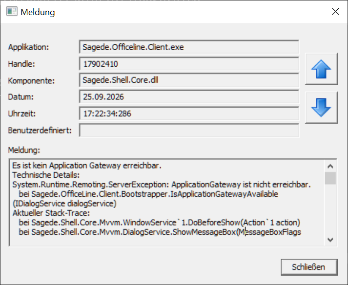 Meldungsfenster der Sage 100 mit Applikation Sagede.Officeline.Client.exe, Komponente Sagede.Shell.Core.dll und dem Text Es ist kein Application Gateway erreichbar, darunter die technischen Details mit System.Runtime.Remoting.ServerException ApplicationGateway ist nicht erreichbar bei Sagede.OfficeLine.Client.Bootstrapper.IsApplicationGatewayAvailable
