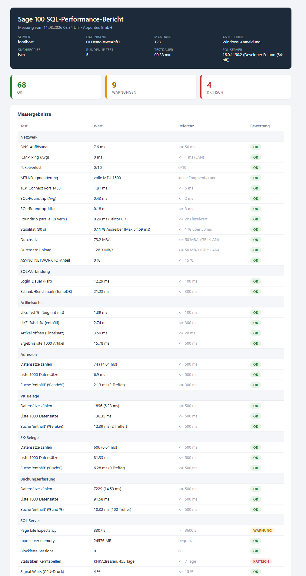 Der HTML-Bericht des Performance-Tests mit Zusammenfassung, Messergebnissen und Bewertungen als farbige Badges