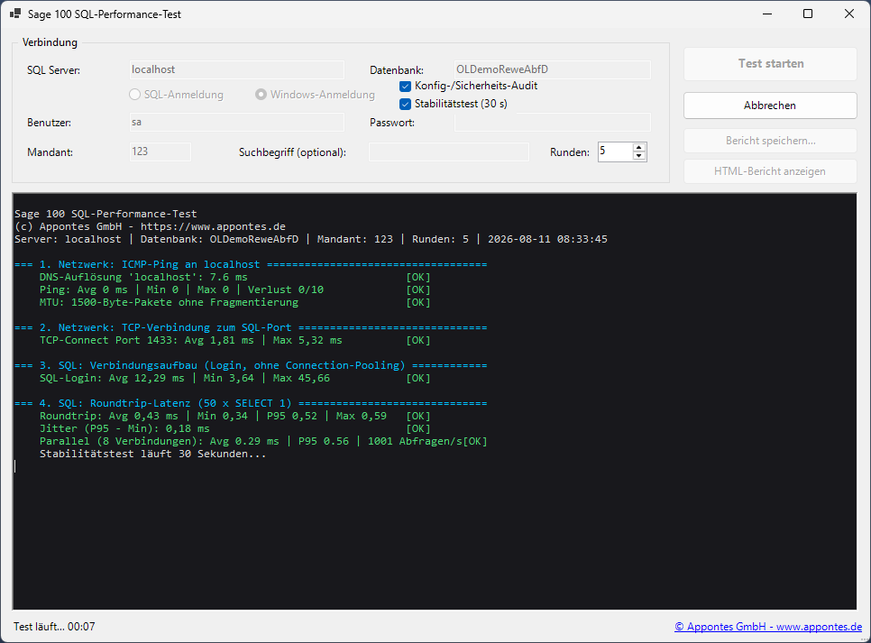 Die grafische Oberfläche des Sage 100 SQL-Performance-Tests mit Verbindungsdaten und farbiger Live-Ausgabe eines laufenden Tests