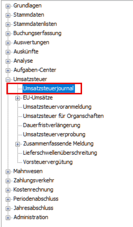 Hauptmenü des Sage 100 Rechnungswesens mit dem Menüpunkt Umsatzsteuerjournal im Bereich Umsatzsteuer