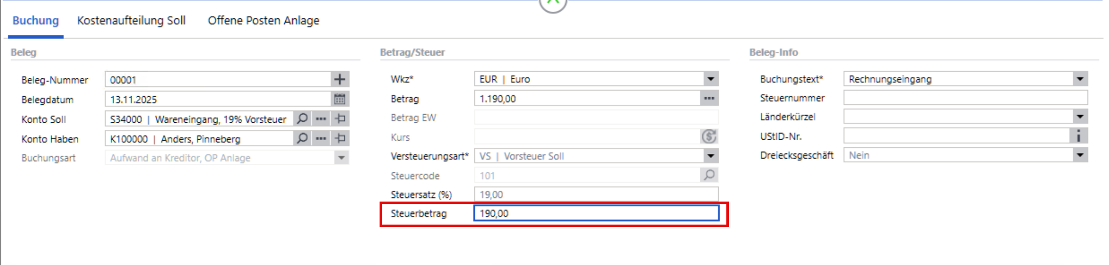 Buchungserfassung in der Sage 100 mit automatisch vorgeschlagenem Steuerbetrag von 190 Euro bei Steuercode 101