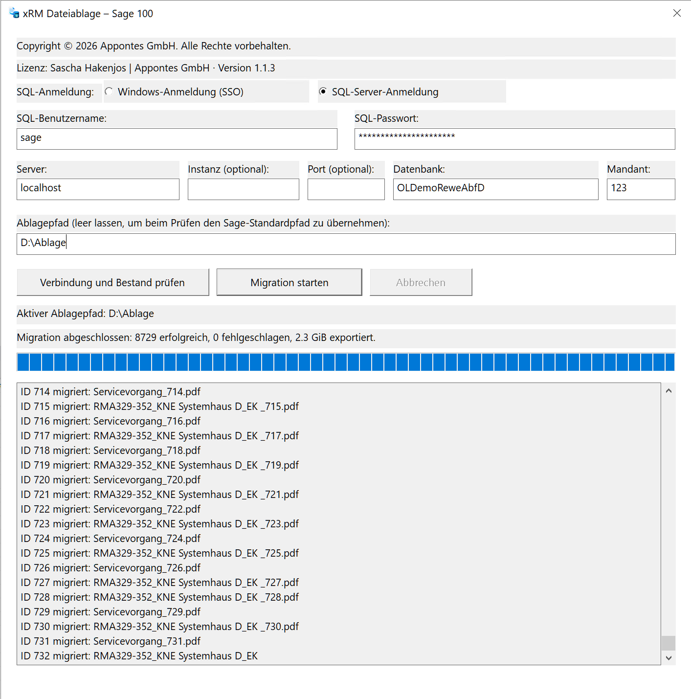 Oberfläche des Tools xRM Dateiablage mit Feldern für SQL-Anmeldung, Server, Datenbank, Mandant und Ablagepfad sowie einem Protokoll der migrierten Dokumente
