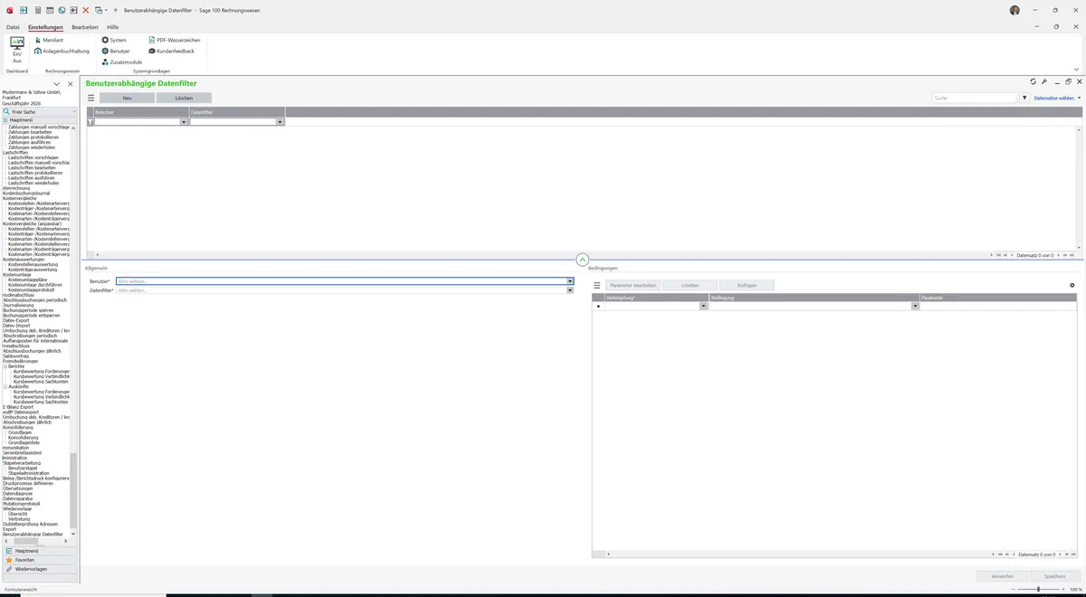 Sage 100 9.0.5.11 Benutzerabhängige Datenfilter: Maske Benutzerabhängige Datenfilter