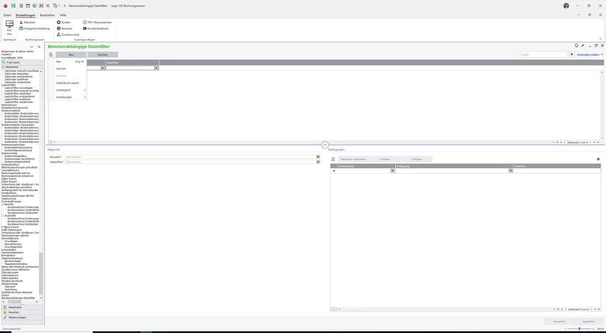 Sage 100 9.0.5.11 Benutzerabhängige Datenfilter: Datenklassenmenü