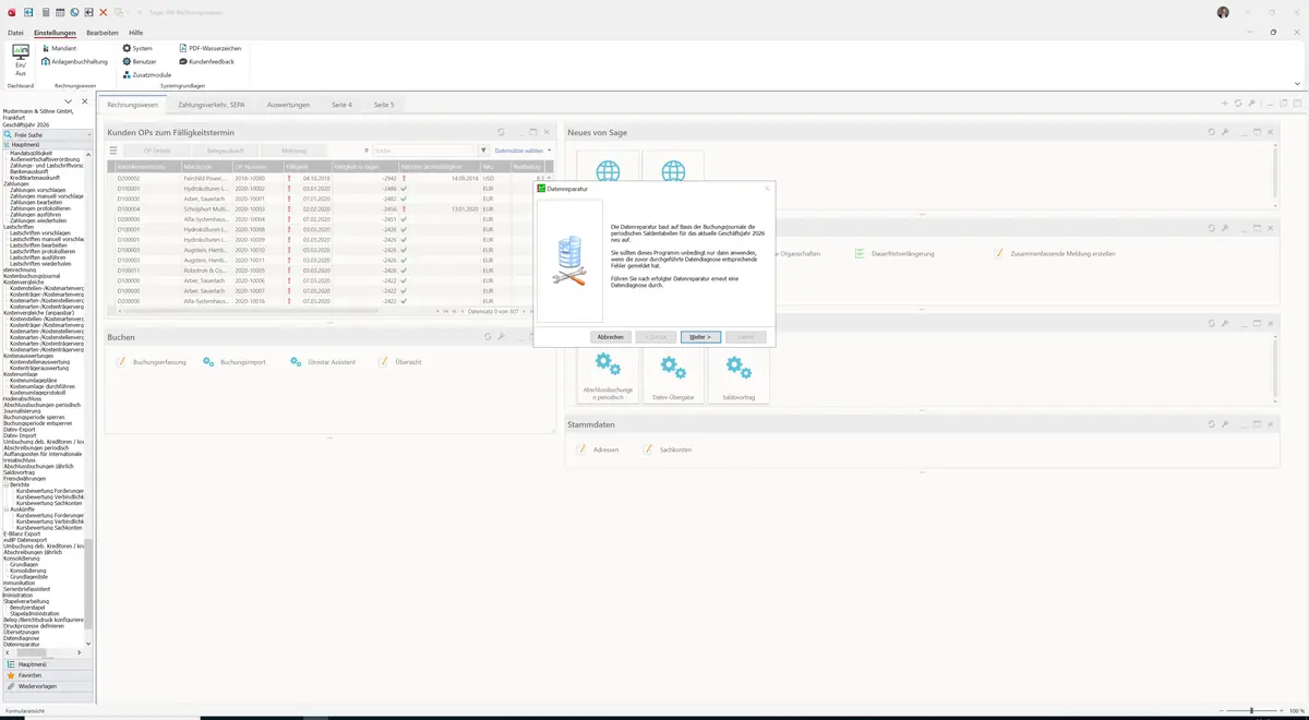 Sage 100 9.0.5.11 Datenreparatur: Maske Datenreparatur