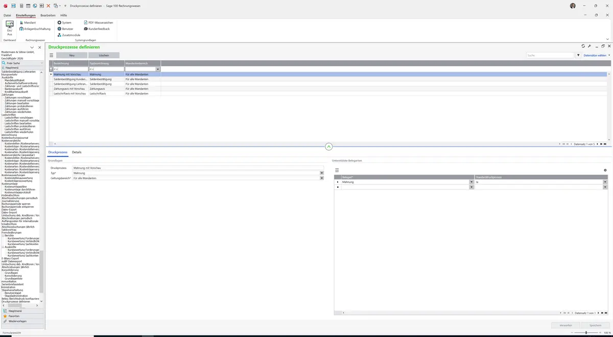 Sage 100 9.0.5.11 Druckprozesse definieren: Druckprozess Mahnung geladen