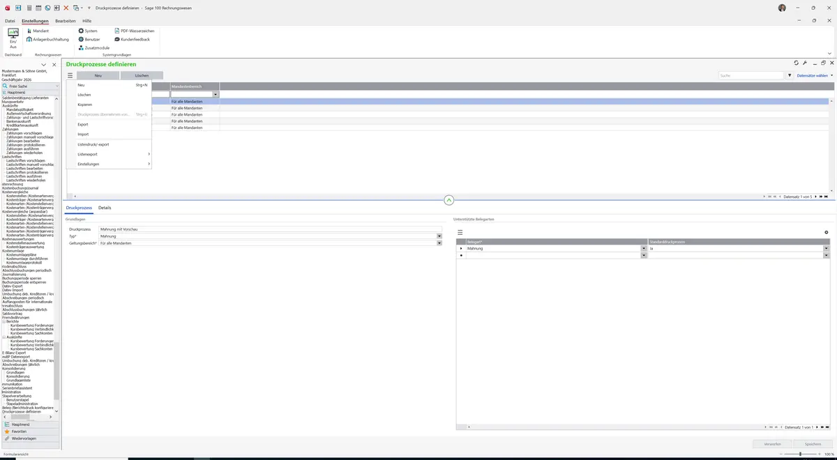 Sage 100 9.0.5.11 Druckprozesse definieren: Datenklassenmenü