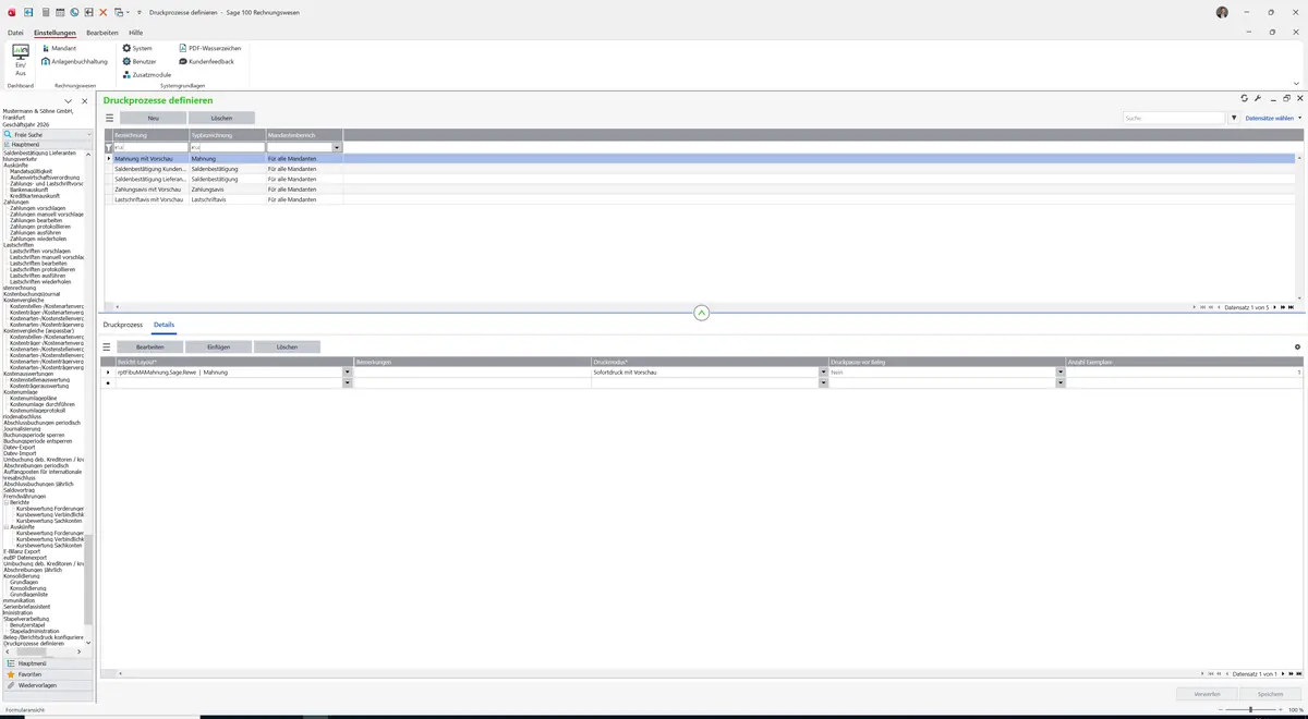 Sage 100 9.0.5.11 Druckprozesse definieren: Register Details