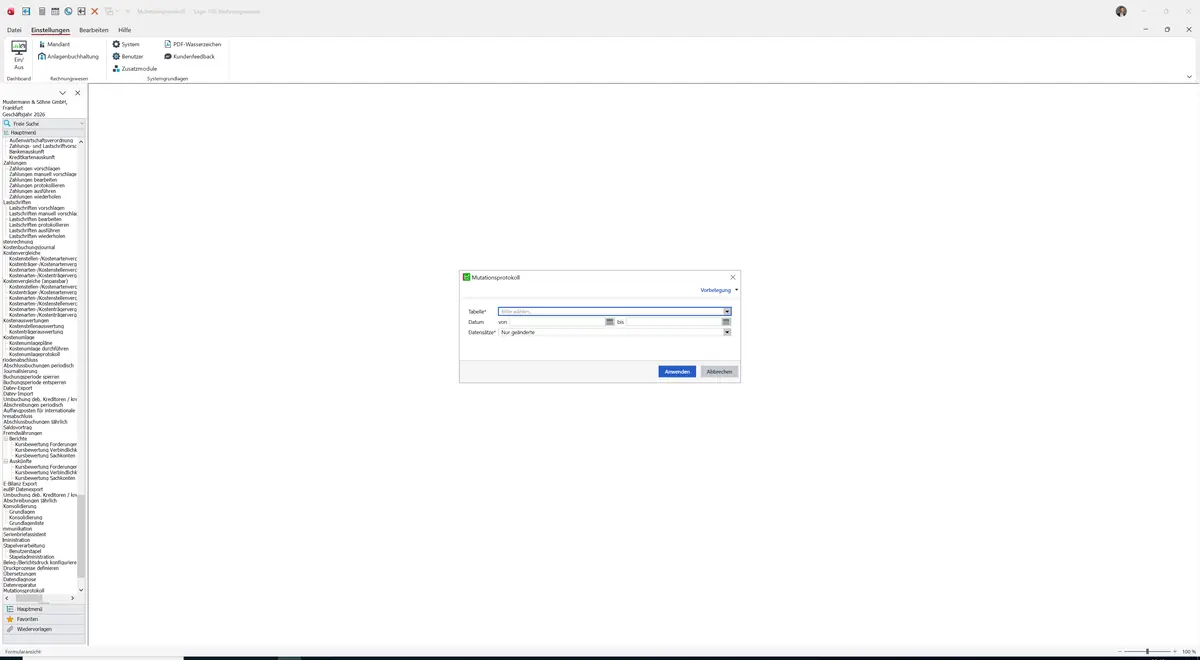 Sage 100 9.0.5.11 Mutationsprotokoll: Maske Mutationsprotokoll