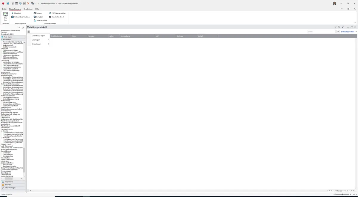 Sage 100 9.0.5.11 Mutationsprotokoll: Datenklassenmenü