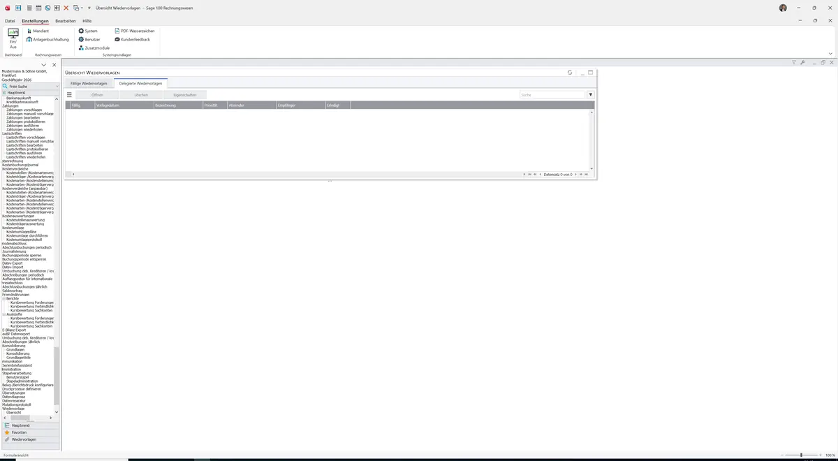 Sage 100 9.0.5.11 Übersicht Wiedervorlagen: Register Delegierte Wiedervorlagen