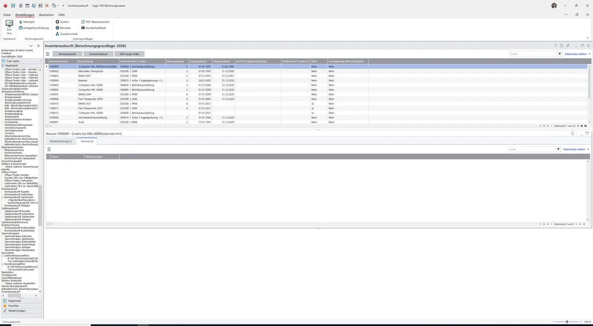 Sage 100 9.0.5.11 Inventarauskunft: Register Termine