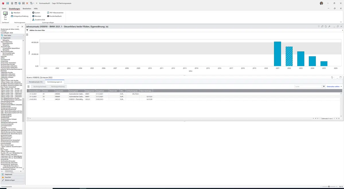 Sage 100 9.0.5.11 Kontoauskunft Anlagen: Register Kontobewegungen