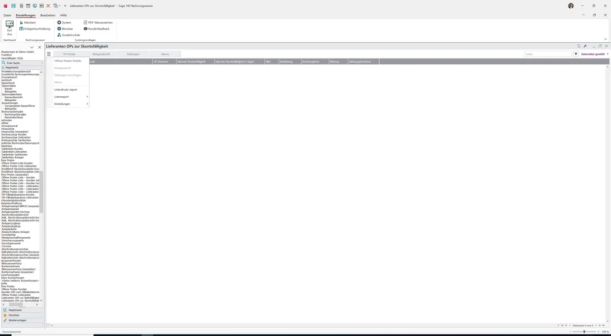 Sage 100 9.0.5.11 Lieferanten OPs zur Skontofälligkeit: Datenklassenmenü