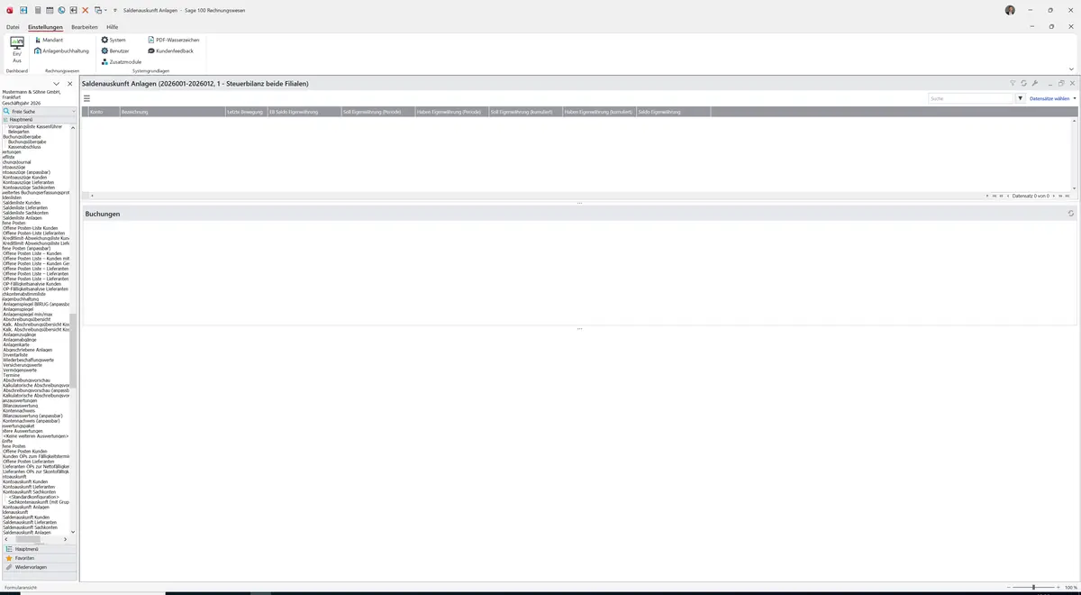 Sage 100 9.0.5.11 Saldenauskunft Anlagen: Leere Anlagenliste