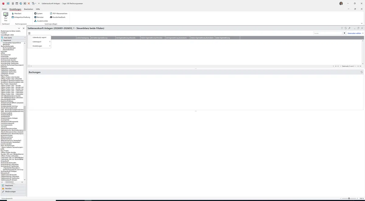 Sage 100 9.0.5.11 Saldenauskunft Anlagen: Datenklassenmenü