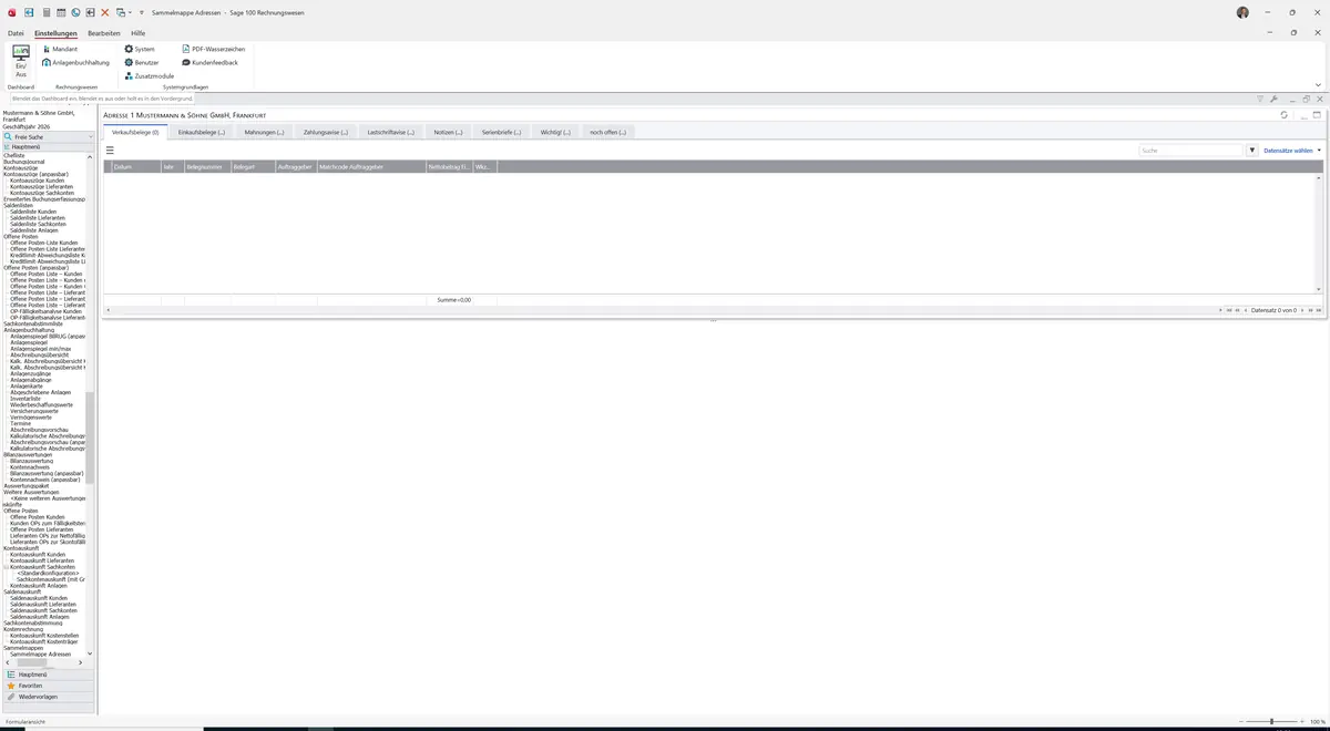 Sage 100 9.0.5.11 Sammelmappe Adressen: Register Verkaufsbelege, leer