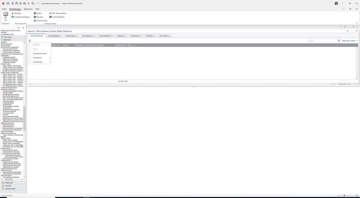 Sage 100 9.0.5.11 Sammelmappe Adressen: Datenklassenmenü