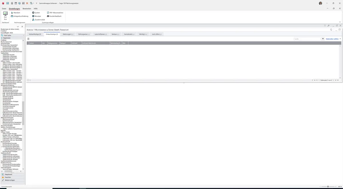 Sage 100 9.0.5.11 Sammelmappe Adressen: Register Einkaufsbelege