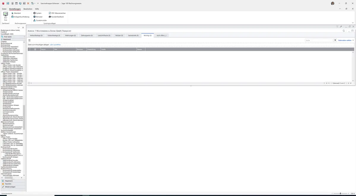 Sage 100 9.0.5.11 Sammelmappe Adressen: Register Wichtig!