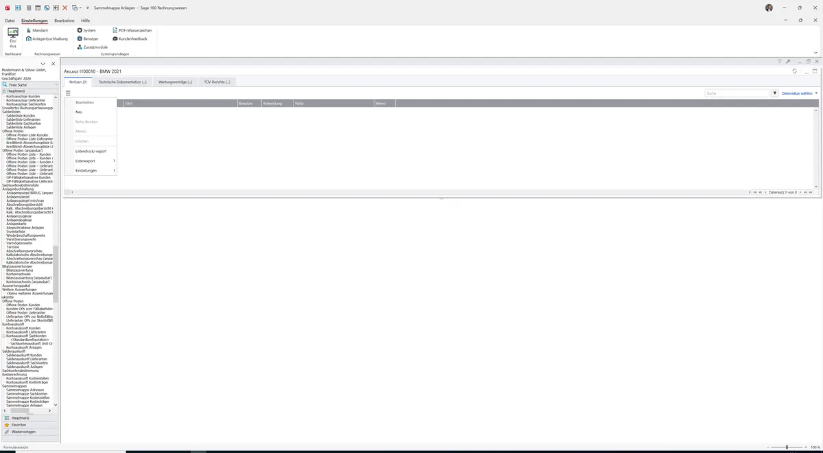 Sage 100 9.0.5.11 Sammelmappe Anlagen: Datenklassenmenü