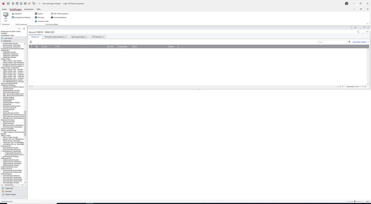 Sage 100 9.0.5.11 Sammelmappe Anlagen: Register Notizen