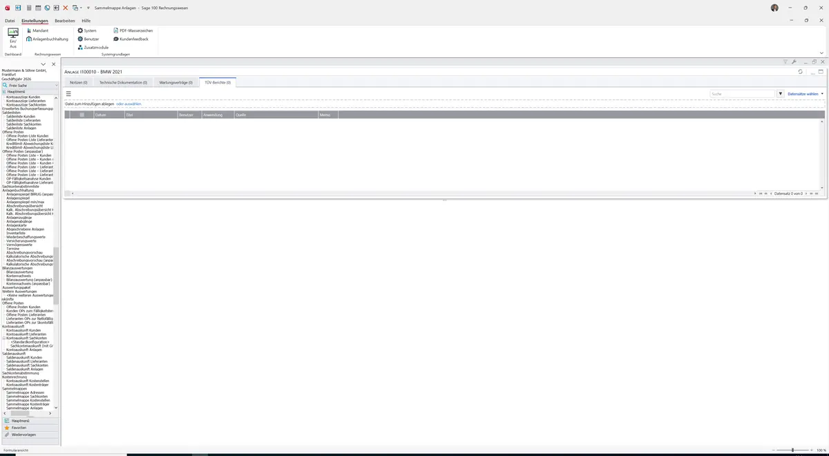 Sage 100 9.0.5.11 Sammelmappe Anlagen: Register TÜV-Berichte