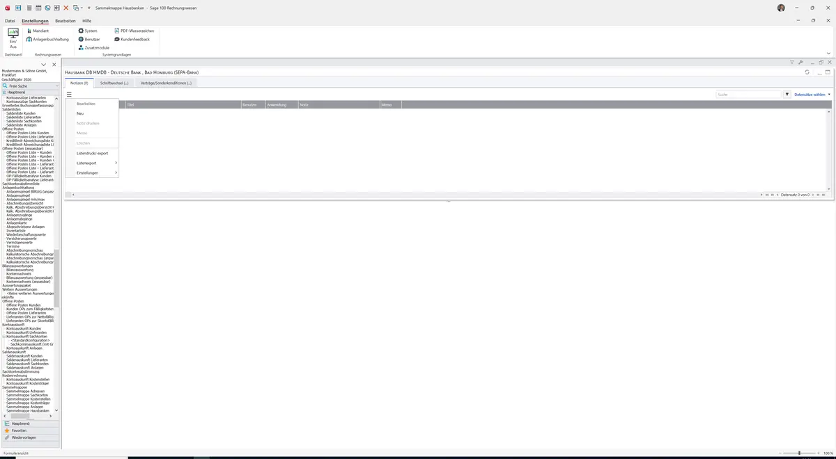 Sage 100 9.0.5.11 Sammelmappe Hausbanken: Datenklassenmenü