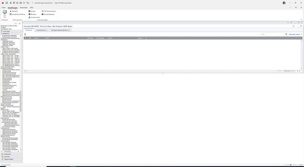 Sage 100 9.0.5.11 Sammelmappe Hausbanken: Register Notizen