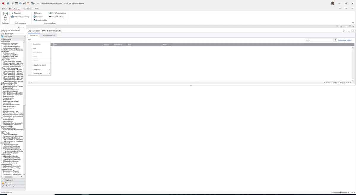 Sage 100 9.0.5.11 Sammelmappe Kostenstellen: Datenklassenmenü