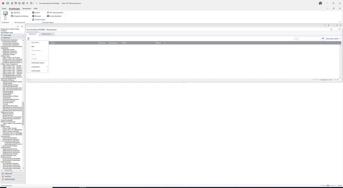 Sage 100 9.0.5.11 Sammelmappe Kostenträger: Datenklassenmenü