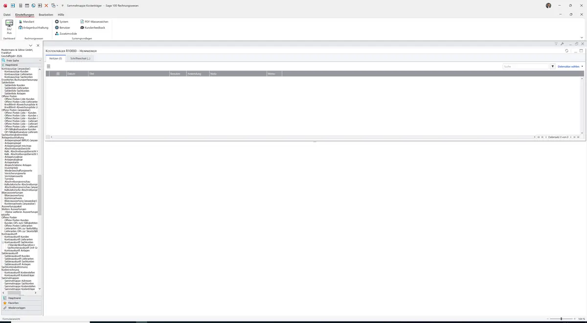 Sage 100 9.0.5.11 Sammelmappe Kostenträger: Register Notizen