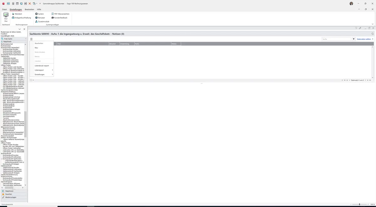 Sage 100 9.0.5.11 Sammelmappe Sachkonten: Datenklassenmenü