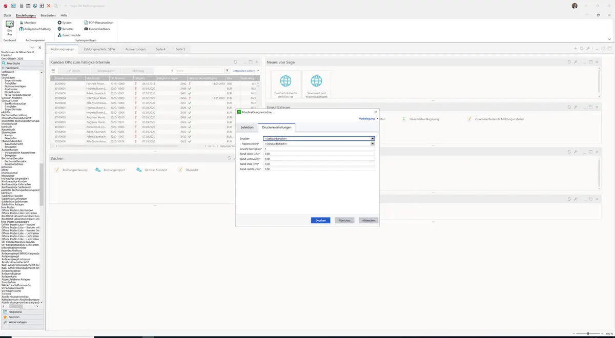 Sage 100 9.0.5.11 Abschreibungsvorschau (anpassbar): Register Druckereinstellungen