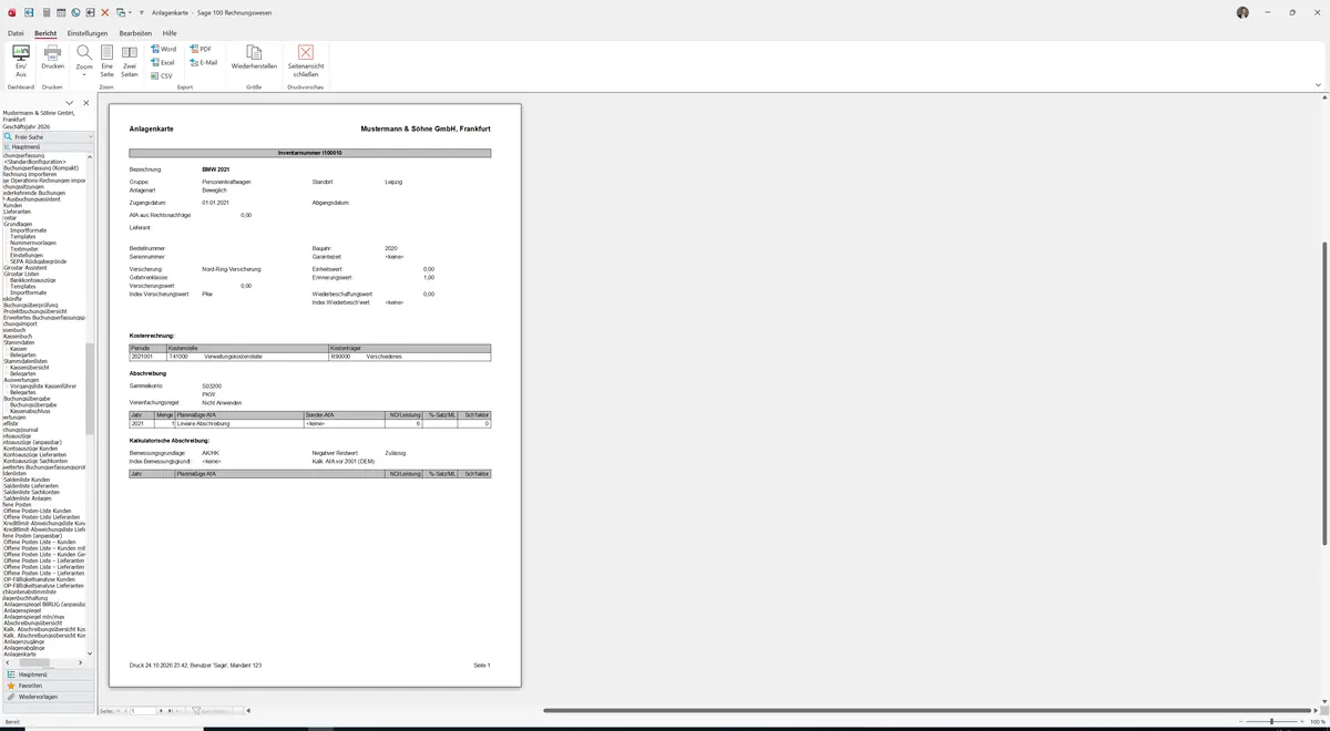 Sage 100 9.0.5.11 Anlagenkarte: Bericht Vorschau