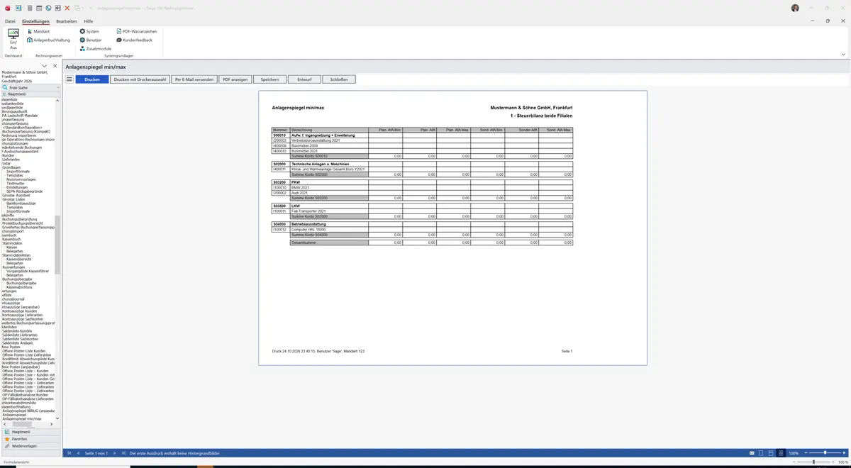 Sage 100 9.0.5.11 Anlagenspiegel min/max: Bericht Vorschau