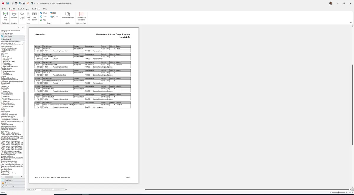 Sage 100 9.0.5.11 Inventarliste: Bericht Vorschau