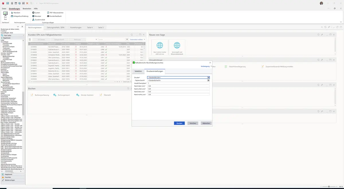 Sage 100 9.0.5.11 Kalkulatorische Abschreibungsvorschau (anpassbar): Register Druckereinstellungen