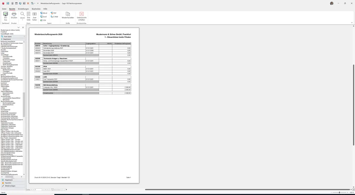 Sage 100 9.0.5.11 Wiederbeschaffungswerte: Bericht Vorschau