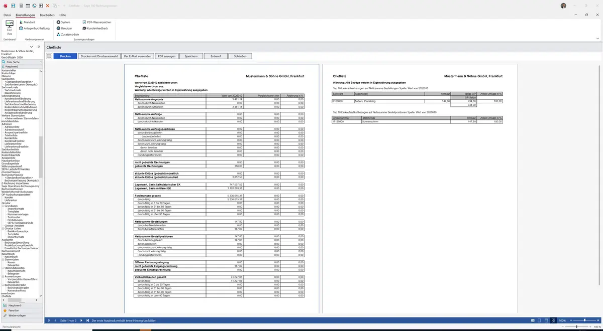 Sage 100 9.0.5.11 Chefliste: Bericht Vorschau