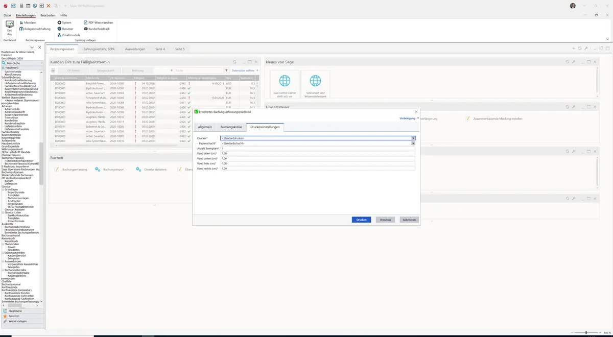 Sage 100 9.0.5.11 Erweitertes Buchungserfassungsprotokoll (Auswertung): Register Druckereinstellungen