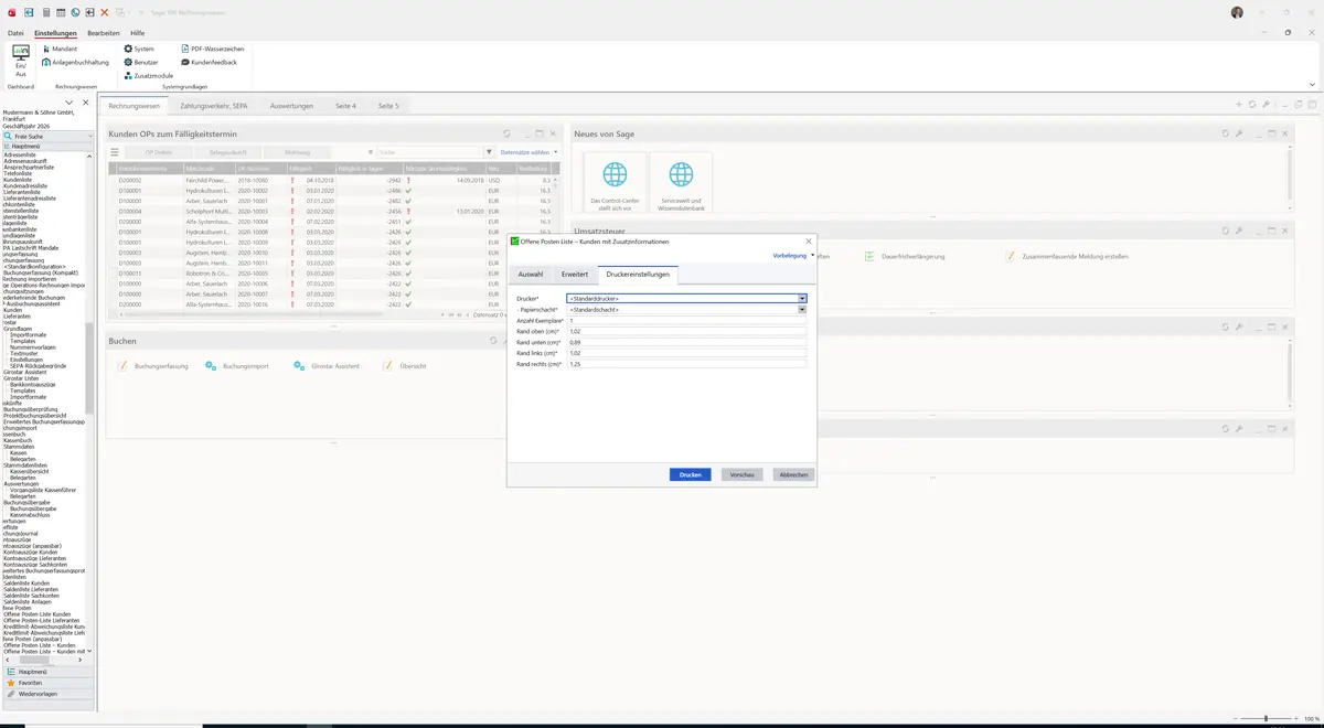 Sage 100 9.0.5.11 Offene Posten Liste - Kunden mit Zusatzinformationen: Register Druckereinstellungen