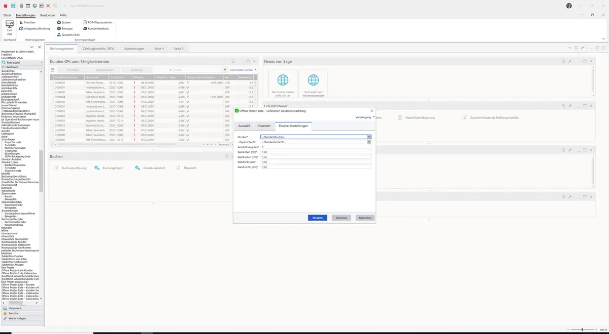 Sage 100 9.0.5.11 Offene Posten Liste - Lieferanten Gesamtbetrachtung: Register Druckereinstellungen